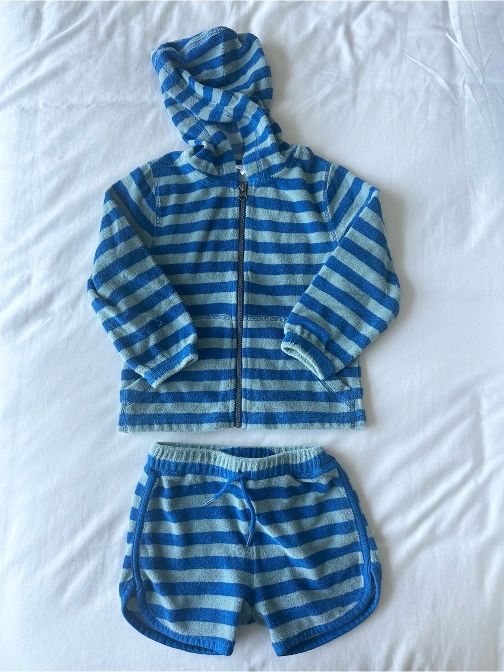 HANNA ANDERSSON Lake Blue Striped Loop Terry Hoodie & Shorts Toddler Set Size 4